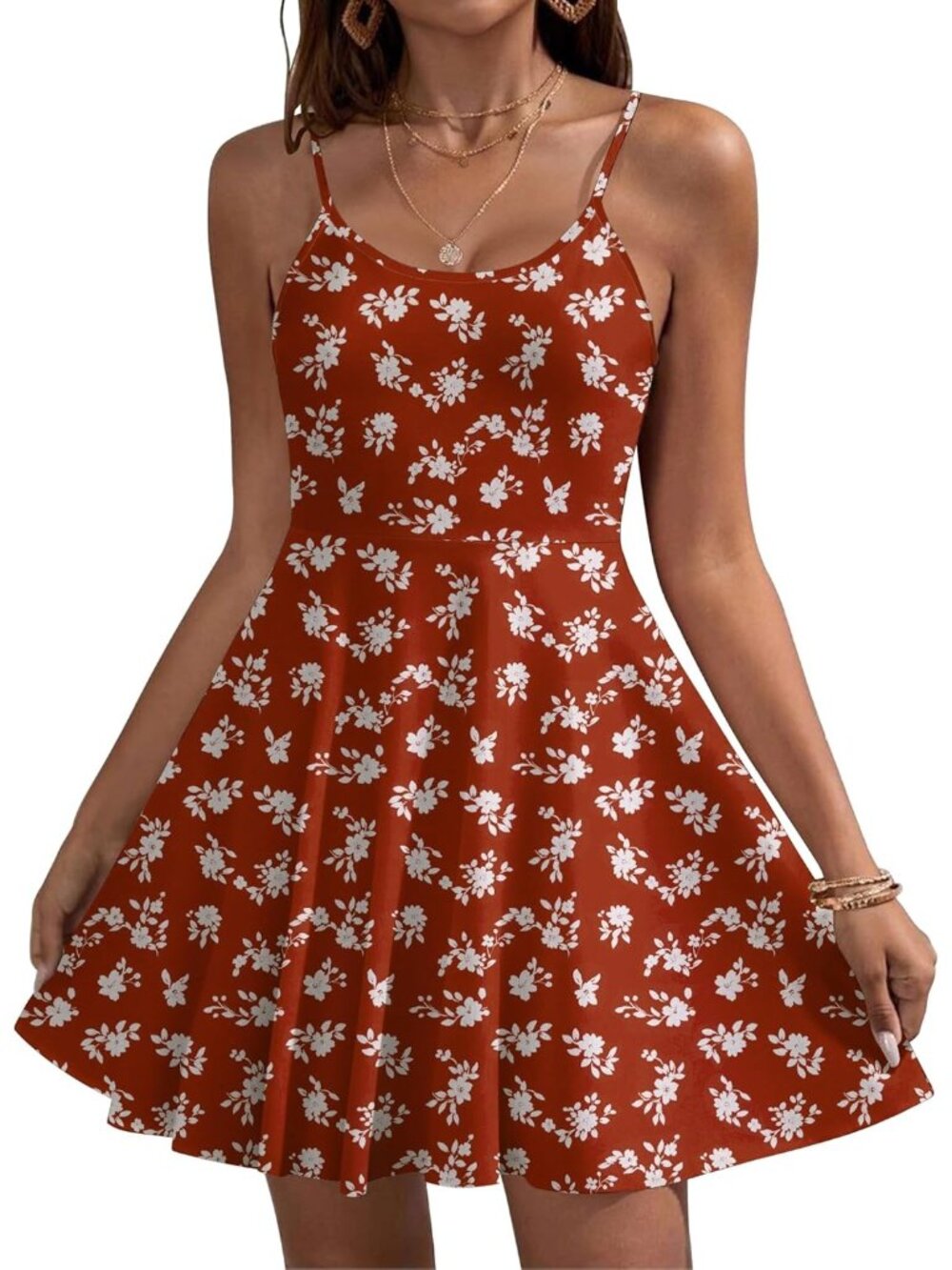 Women's Red Floral Summer Dress Spaghetti Strap Floral Mini Casual Dress